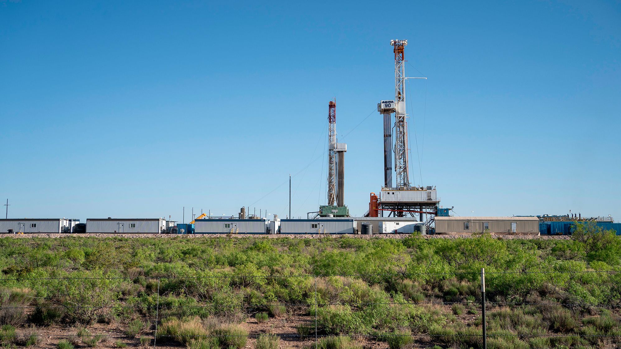 An oil drilling rig is pictured on April 24, 2020, near Carlsbad, New Mexico.