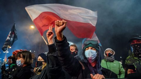 A demonstrator gestures as people take part in a pro-choice protest in the center of Warsaw, on January 27, as part of a nationwide wave of protests against Poland's near-total ban on abortion.
