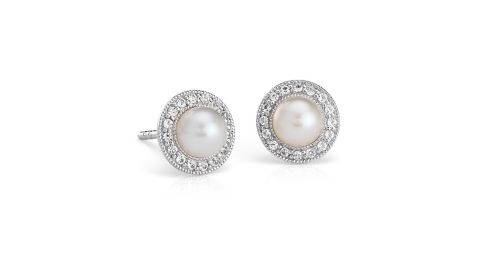 Blue Nile Vintage-Inspired Freshwater Cultured Pearl and White Topaz Halo Earrings