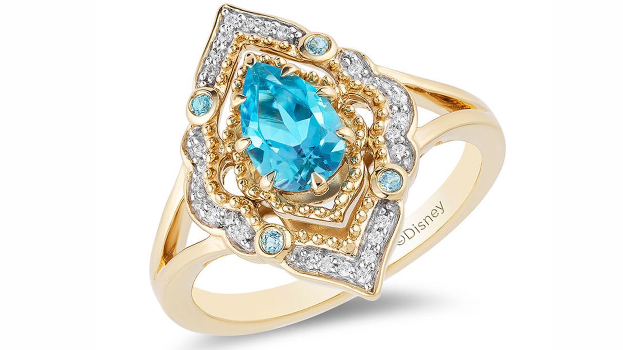 Zales Enchanted Disney Aladdin Pear-Shaped Swiss Blue Topaz and Diamond Arabesque Frame Ring