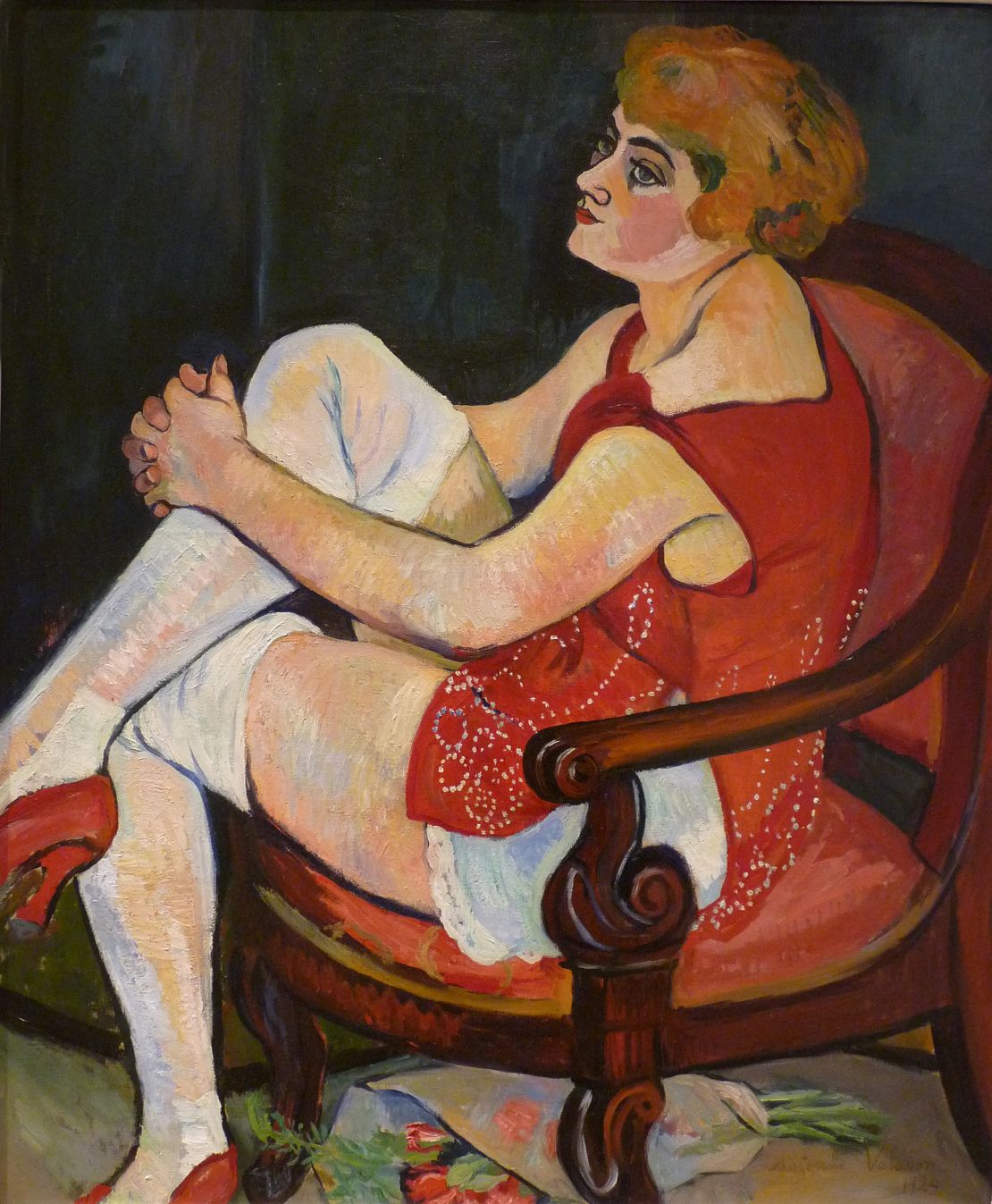 In Valadon's first showing at the prestigious Salon de la Société Nationale des Beaux-Arts in 1894, for a series of drawings, her listed name, "Valadon, S.," did not reveal her gender. Pictured: "Woman in White Stockings," 1924.