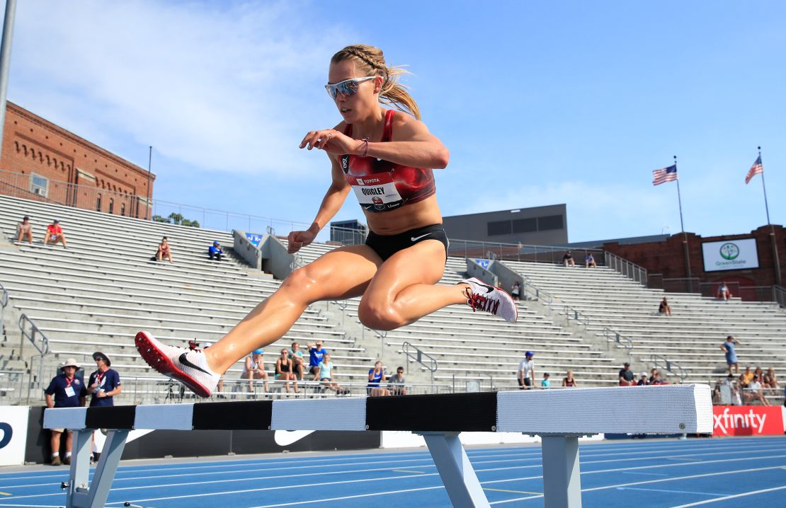 Quigley clears a hurdle during the 2019 USATF outdoor championships in Des Moines, Iowa.