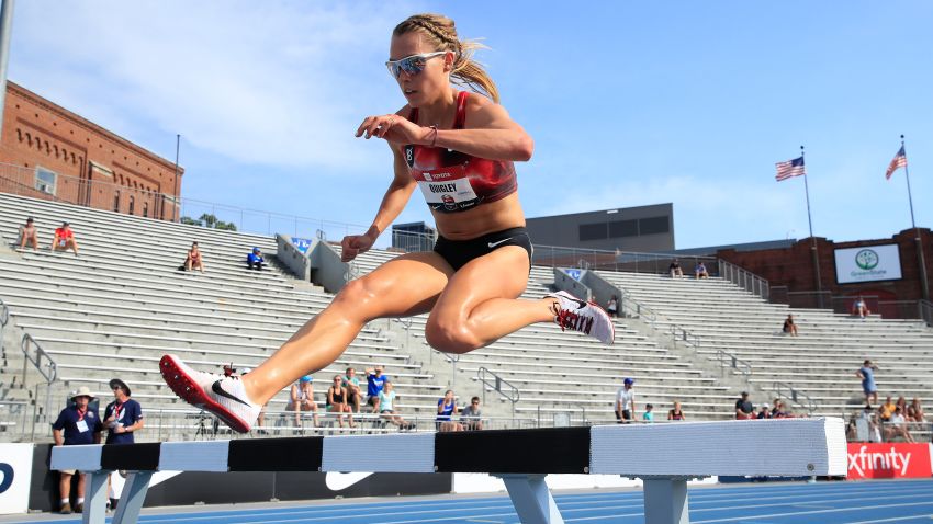 DES MOINES, IOWA - JULY 25:  Colleen Quigley clears a hurdle in the opening round of the 3000 meter steeplechase during the 2019 USATF Outdoor Championships at Drake Stadium on July 25, 2019 in Des Moines, Iowa. (Photo by Andy Lyons/Getty Images)