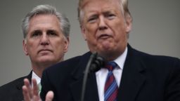 Then U.S. President Donald Trump (R) speaks as he joined by House Minority Leader Rep. Kevin McCarthy (R-CA) (L) in the Rose Garden of the White House on January 4, 2019 in Washington, DC.