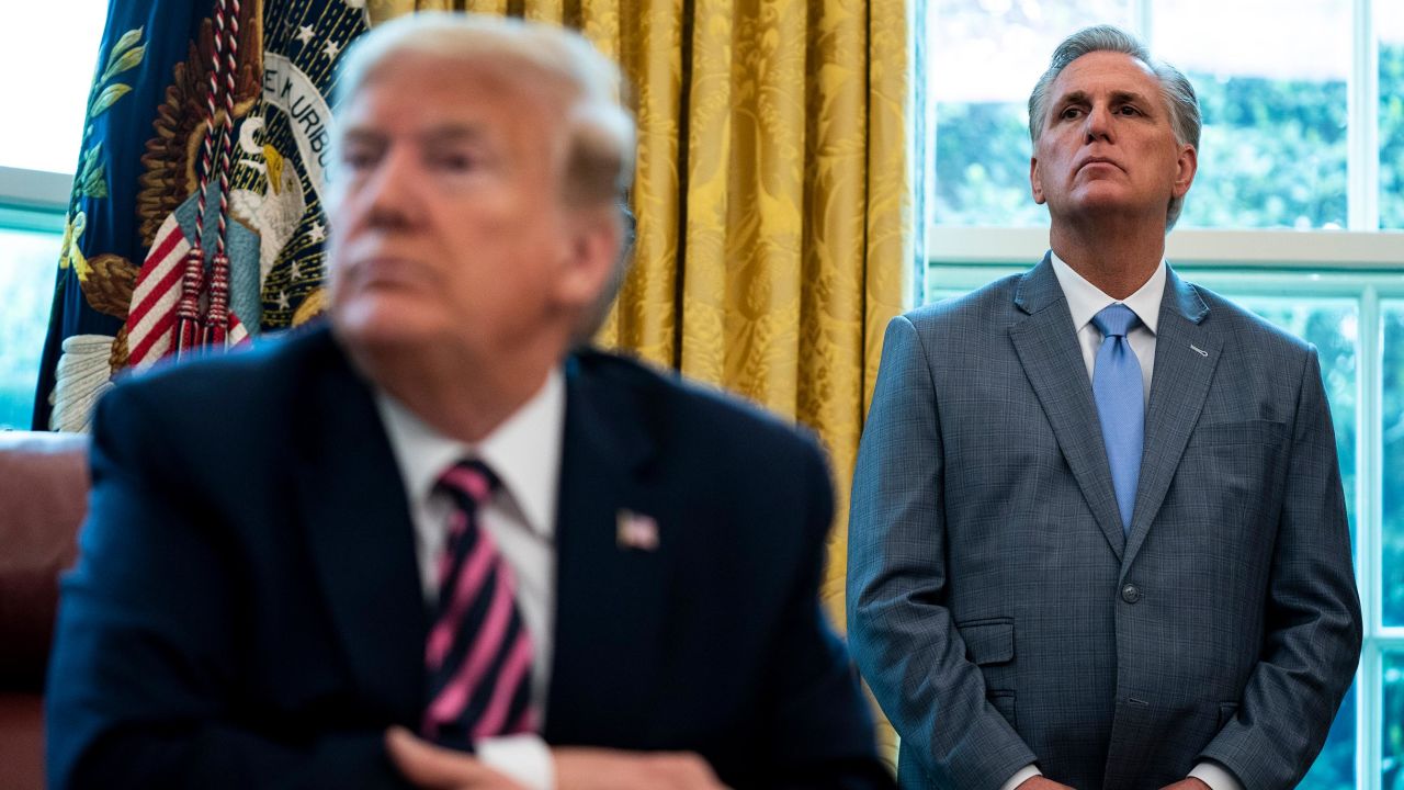 House Minority Leader Rep. Kevin McCarthy (R-CA)  and then-U.S. President Donald Trump attend a signing ceremony for H.R. 266, the Paycheck Protection Program and Health Care Enhancement Act, in the Oval Office of the White House on April 24, 2020 in Washington, DC.