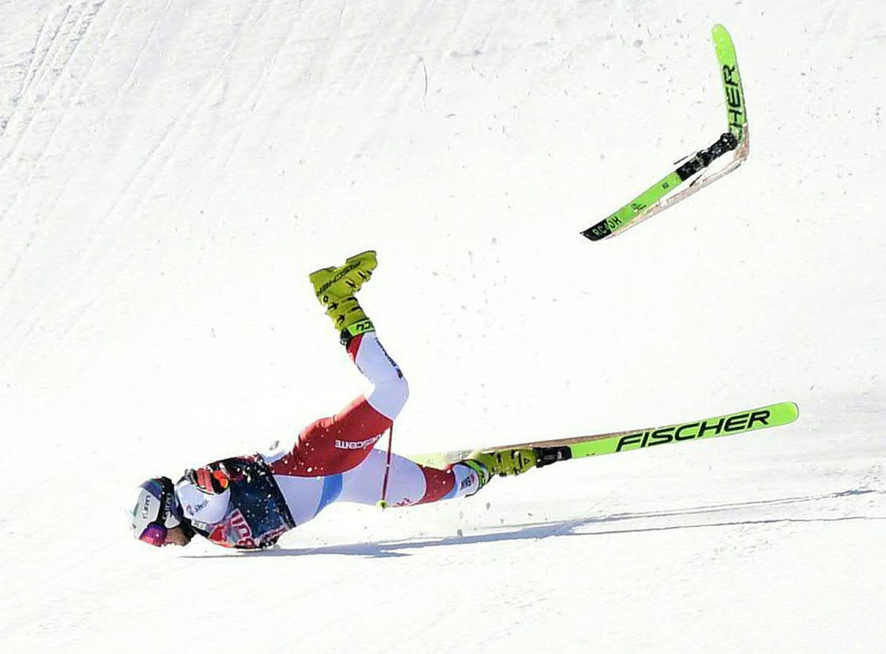 Swiss skier Urs Kryenbühl crashes during a World Cup race in Kitzbühel, Austria, on Friday, January 22. He suffered a concussion, a broken collarbone and torn knee ligaments.