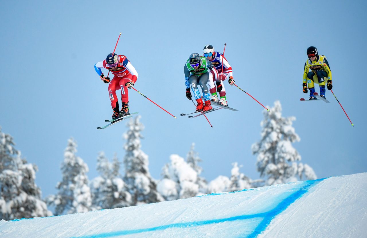 Ryan Regez, Tyler Wallasch, Sandro Siebenhofer and Ferdinand Dorsch compete in a World Cup ski cross race in Idre, Sweden, on Saturday, January 23.