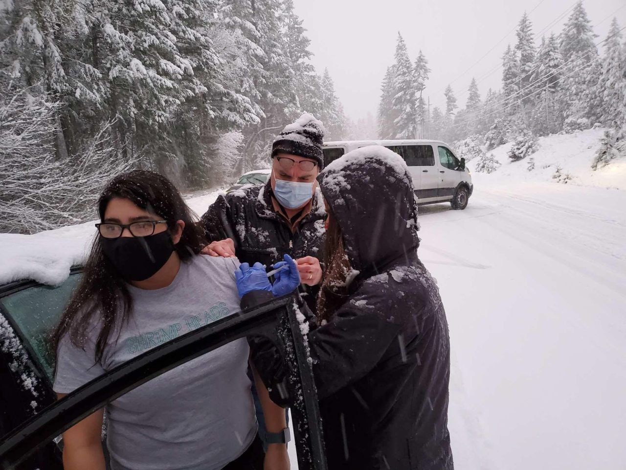 Public health workers from Oregon's Josephine County administered leftover doses of the Covid-19 vaccine to some motorists who, like them, <a href="https://www.cnn.com/world/live-news/coronavirus-pandemic-vaccine-updates-01-28-21/h_bc9414667d9ed69dfdacd84ec92f3063" target="_blank">were stranded in a snowstorm</a> on Tuesday, January 26. The workers had six leftover doses and wanted to use them before they expired.
