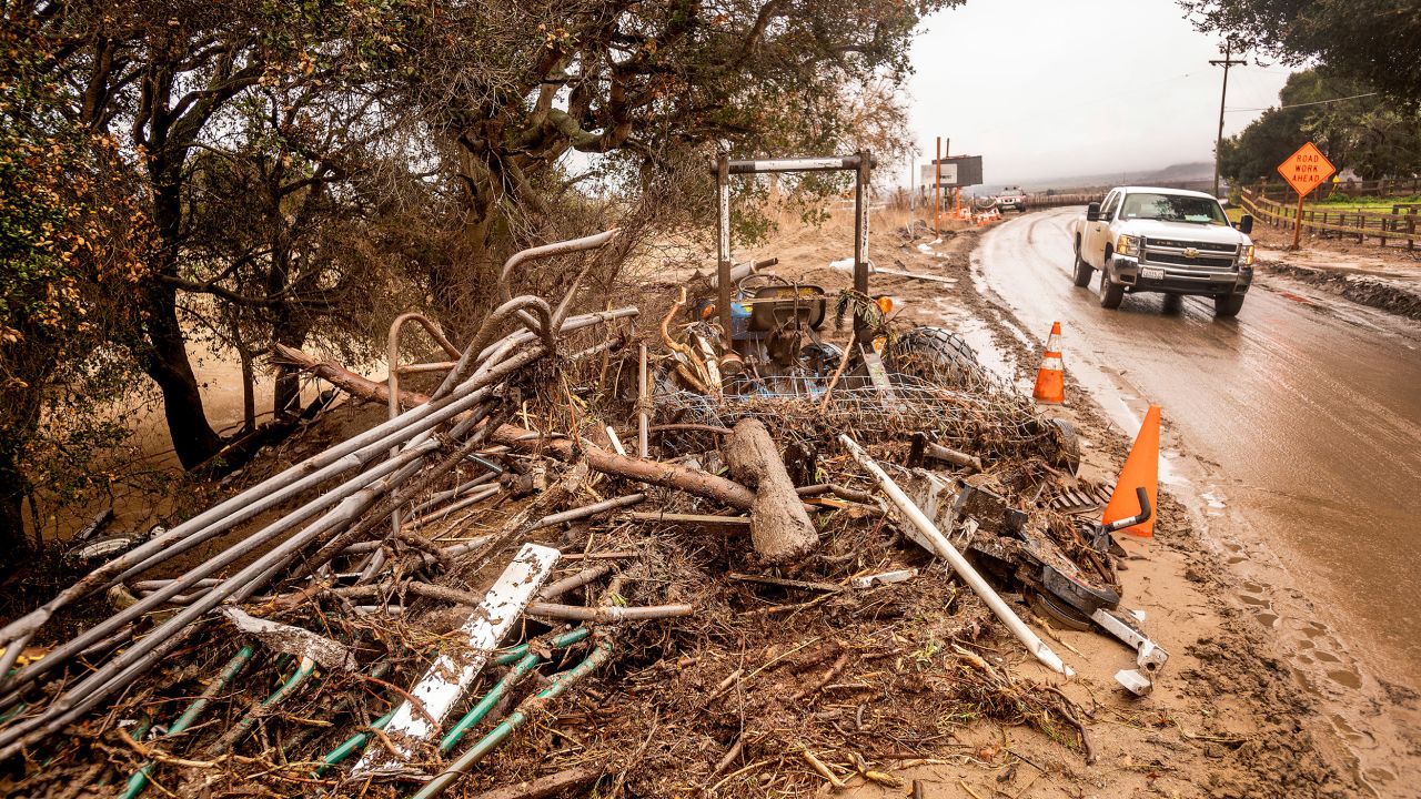 Following heavy rains, debris from a mudslide rests along River Rd. in the Chualar community of Monterey County, Calif., on Thursday, January 28, 2021. The area sits beneath hillsides scorched in last year's River Fire.