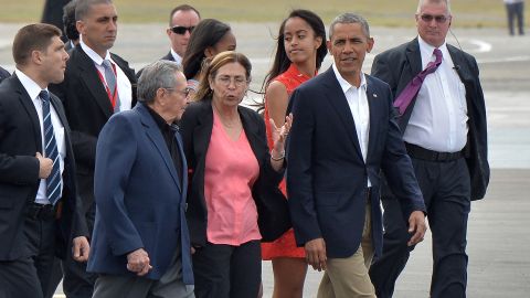 Then-President Barack Obama accompanied by Cuban President Raul Castro at Jose Marti international airport in Havana on March 22, 2016.