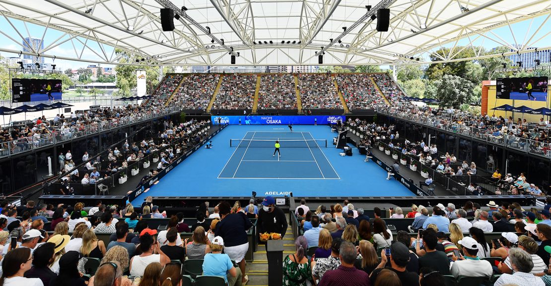 General view  of match between Serena Williams of the USA and Naomi Osaka of Japan during an exhibition tournament at Memorial Drive on January 29 in Adelaide, Australia.