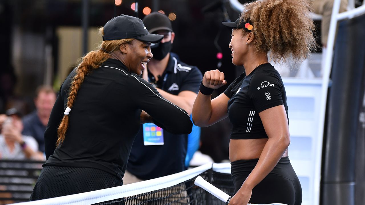 Serena Williams of the USA elbow bumps with Naomi Osaka of Japan after their match during an exhibition tournament at Memorial Drive on January 29, 2021 in Adelaide, Australia.