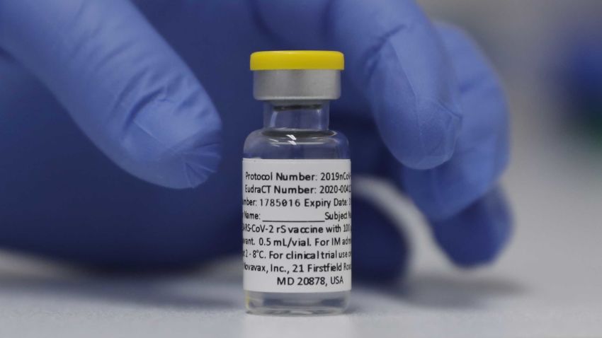 A vial of the Phase 3 Novavax coronavirus vaccine is seen ready for use in the trial at St. George's University hospital in London Wednesday, Oct. 7, 2020. Novavax Inc. said Thursday Jan. 28, 2021 that its COVID-19 vaccine appears 89% effective based on early findings from a British study and that it also seems to work — though not as well — against new mutated strains of the virus circulating in that country and South Africa. (AP Photo/Alastair Grant)