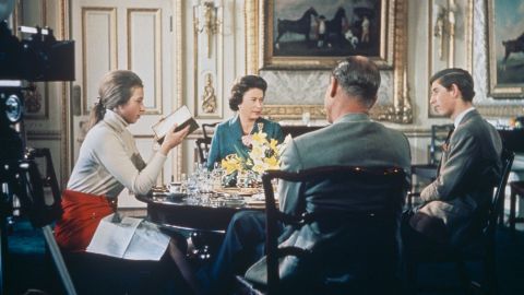 Queen Elizabeth II, Prince Philip, Princess Anne and Prince Charles have lunch at Windsor Castle while BBC cameras film them for the documentary.