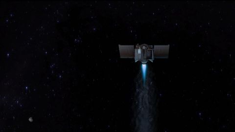 This illustration shows the OSIRIS-REx spacecraft departing asteroid Bennu to venture back to Earth.