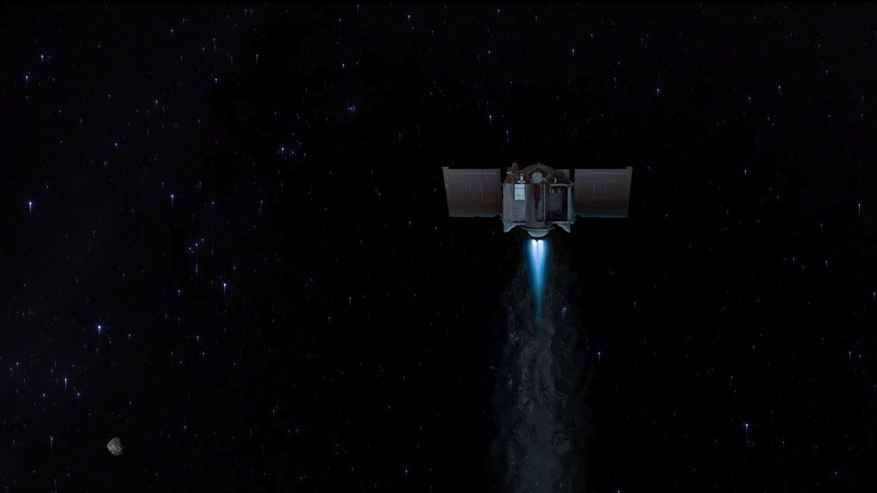 This illustration shows the OSIRIS-REx spacecraft departing asteroid Bennu to venture back to Earth.