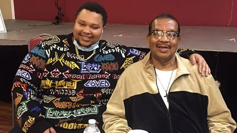 Michael Thompson with his grandson during a party his family threw to welcome him home.