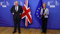 BRUSSELS, BELGIUM - DECEMBER 09: Prime Minister Boris Johnson and European Commission president Ursula von der Leyen meet for a dinner during they will try to reach a breakthrough on a post-Brexit trade deal on December 9, 2020 in Brussels, Belgium. The British prime minister's visit marked his most high-profile involvement in the talks over a post-Brexit trade deal, which has remained elusive despite months of EU and UK negotiating teams shuttling between London and Brussels. (Photo by Aaron Chown - WPA Pool/Getty Images)