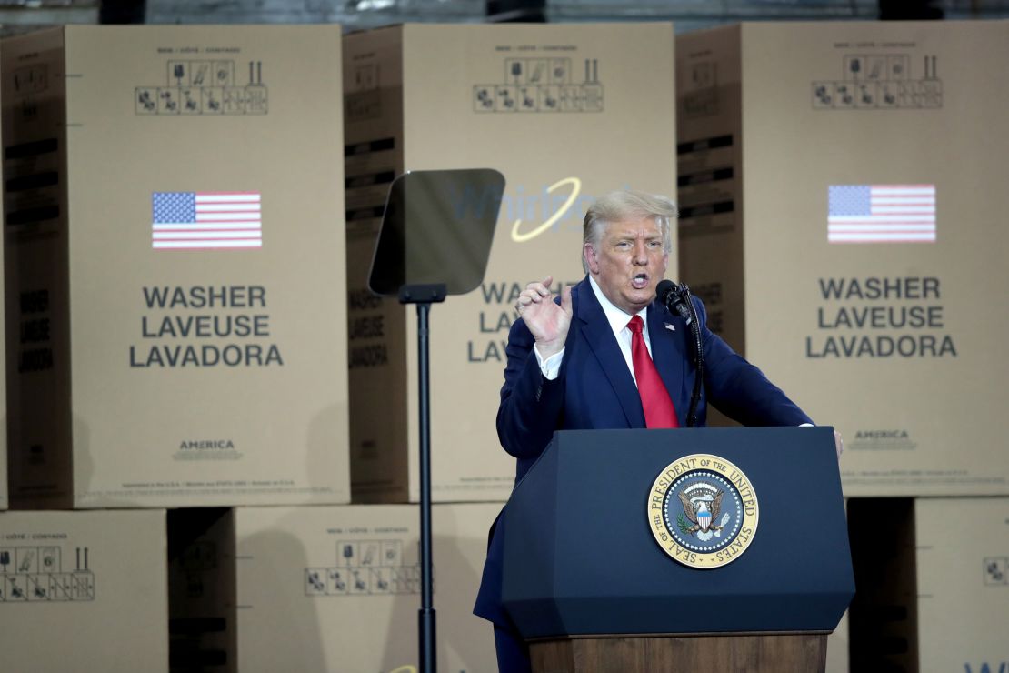 President Donald Trump speaks to workers at a Whirlpool manufacturing facility on August 6, 2020, in Clyde, Ohio. 