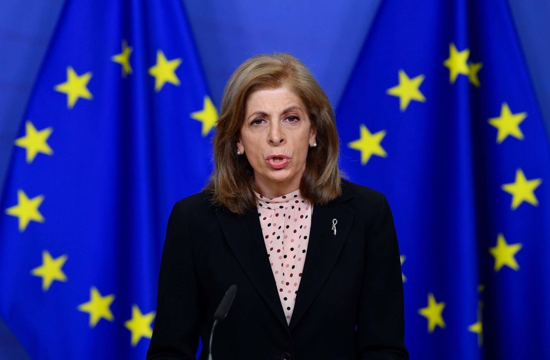 EU Health Commissioner Kyriakides gives a press statement on vaccine deliveries on January 25.