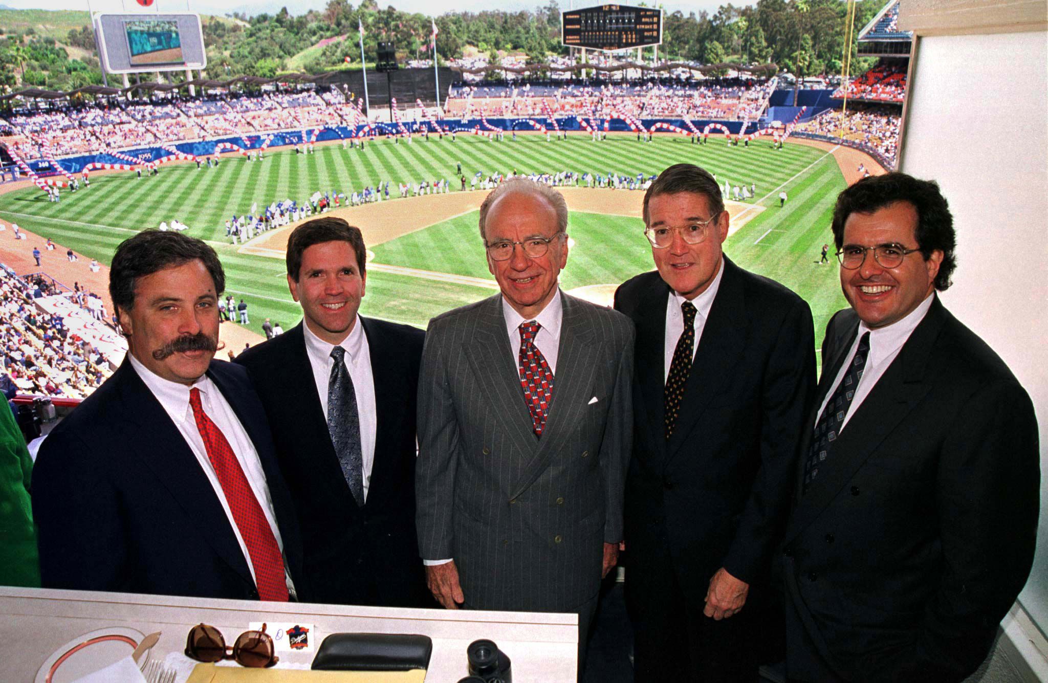 Murdoch poses from the owners box at Dodger Stadium in 1998.