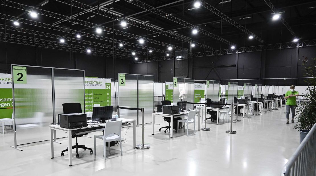 Empty registration counters are seen at a regional coronavirus vaccination centre in Ludwigsburg, southern Germany, on January 22, 2021.
