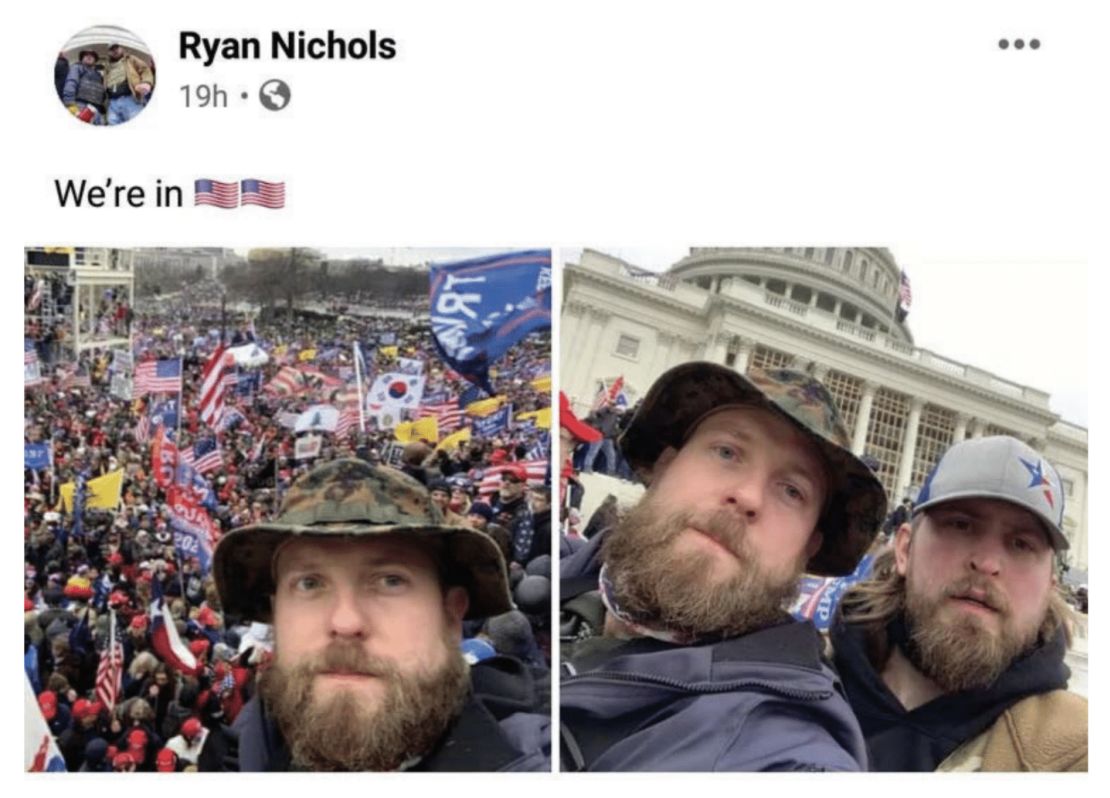 The FBI used this image and others from Nichols' Facebook page to establish what Nichols, in the camouflage hat, and Harkrider wore on January 6.