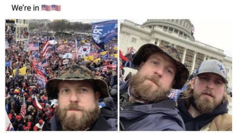 The FBI used this image and others from Nichols' Facebook page to establish what Nichols, in the camouflage hat, and Harkrider wore on January 6.