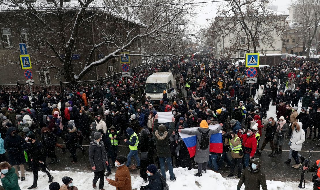 People attend a protest in Moscow on Sunday against the jailing of Alexey Navalny.