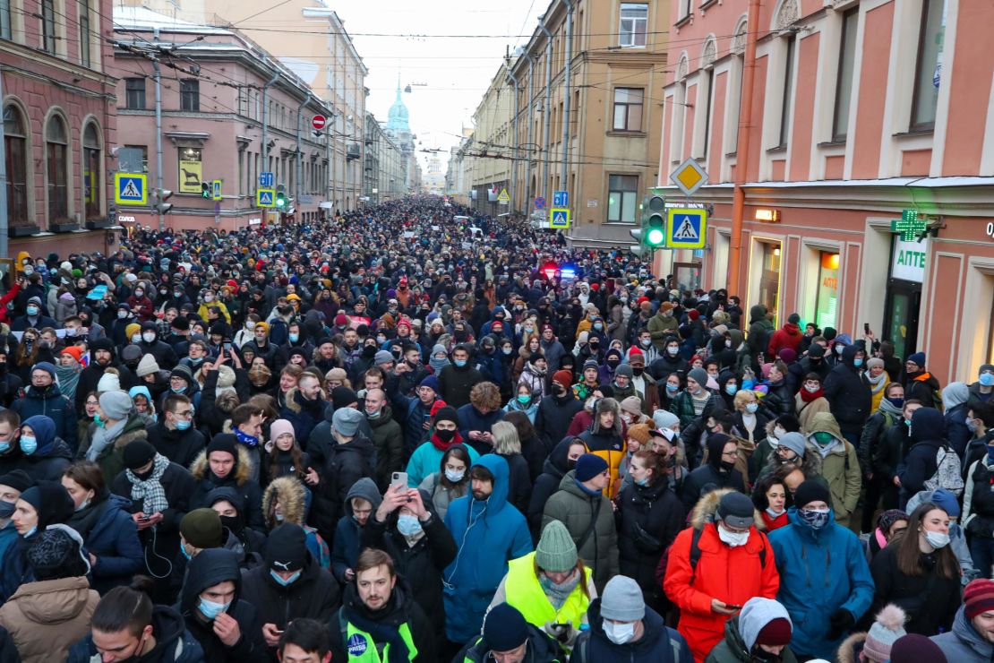 People take part in an unauthorized rally in support of Alexey Navalny in St. Petersburg on Sunday.