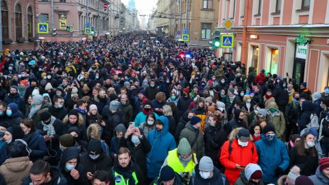 People take part in an unauthorized rally in support of Alexey Navalny in St. Petersburg on Sunday.