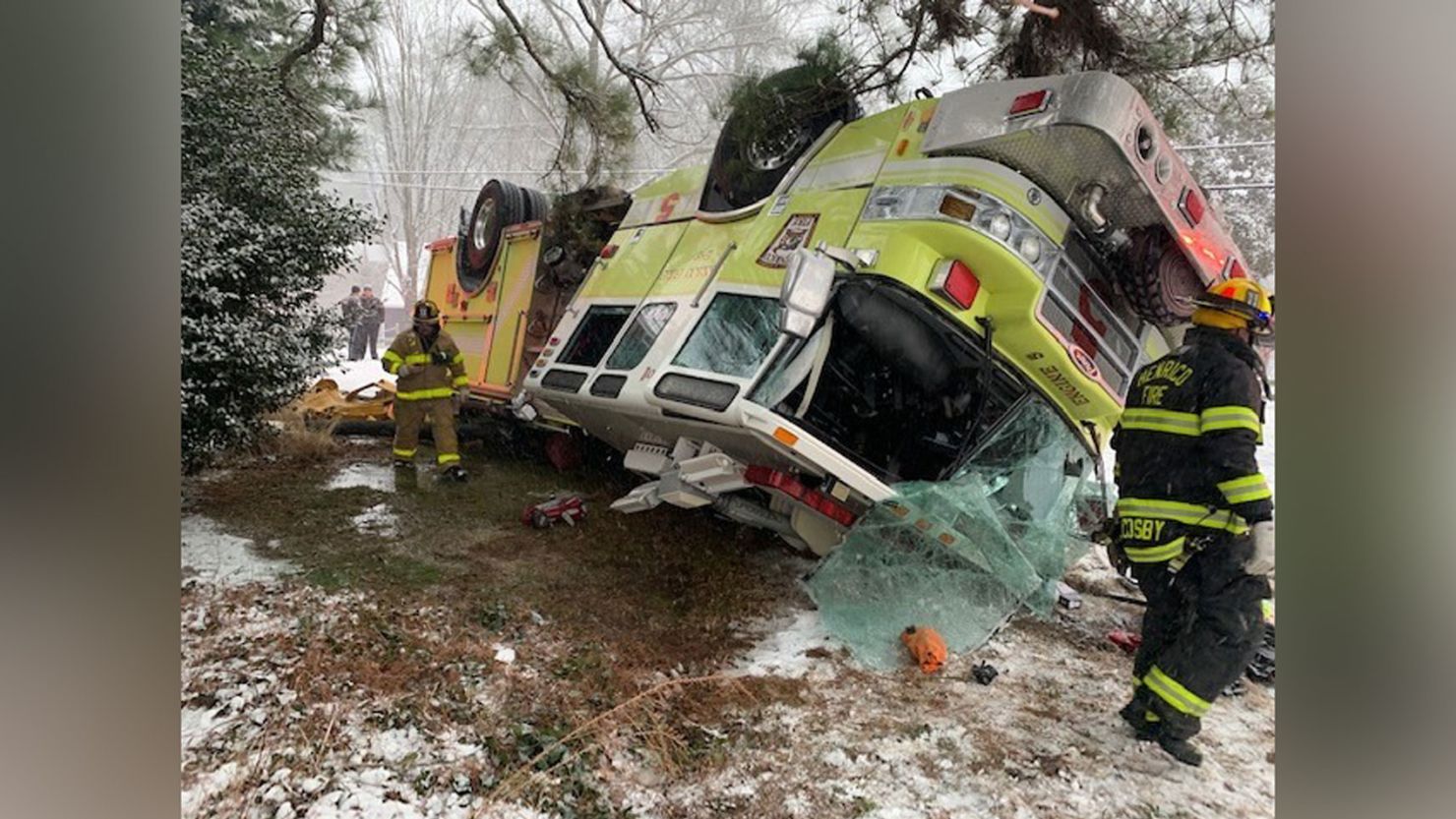 Slippery road conditions factored into this fire truck accident in Virginia on Sunday.