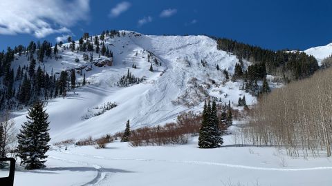 Square Top Mountain, in the area where the skier was buried, is pictured Sunday.