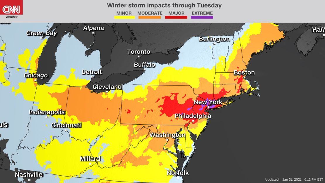 The forecast for impacts of the nor'easter through Tuesday