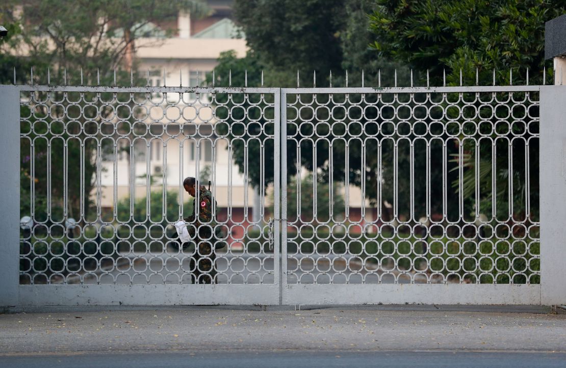 An armed military soldier stands guard in front of the regional government office in Yangon, Myanmar, on February 1. 