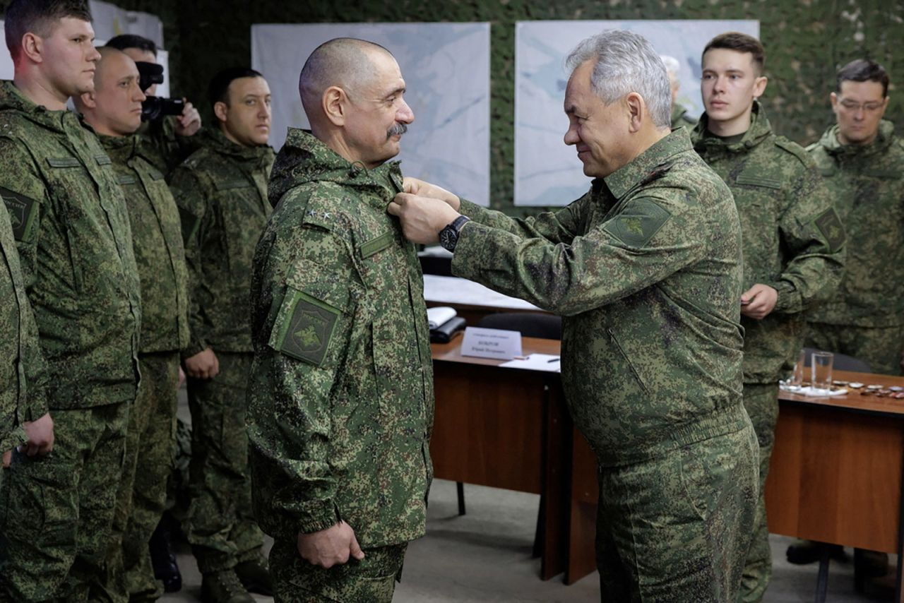 Russian Defense Minister Sergei Shoigu awards service members deployed in Ukraine, in this handout image published March 4. 