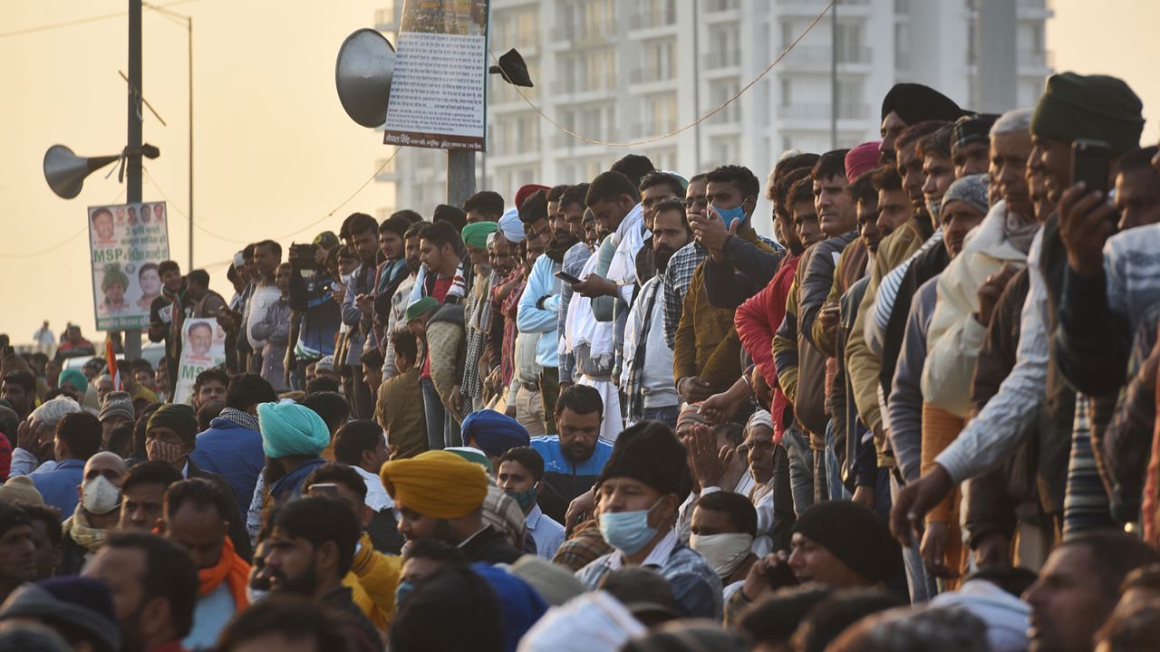 Demonstrators gather at Ghazipur, on January 30, 2021 in New Delhi, India. 
