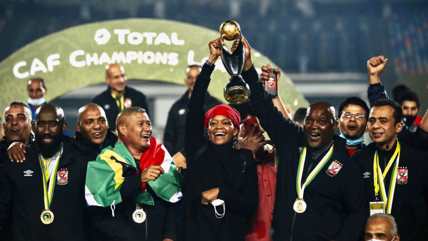 South African Pitso Mosimane celebrates with his team winning 2-1 over Zamalek in the CAF Champions League final played at the Cairo International Stadium on November 27, 2020.