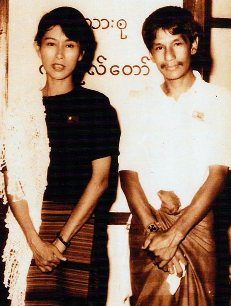 Suu Kyi poses with Burmese comedian Par Par Lay, who was part of the pro-democracy act "The Moustache Brothers." Suu Kyi grew up in Myanmar and India but moved to England in the 1960s, where she studied at Oxford University. She returned to Myanmar in 1988 and co-founded the National League for Democracy, a political party dedicated to nonviolence and civil disobedience.