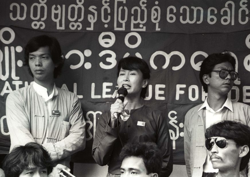 Suu Kyi addresses a crowd of supporters in Yangon in July 1989. About two weeks later, she was placed under house arrest and charged with trying to divide the military. She denied the charges.