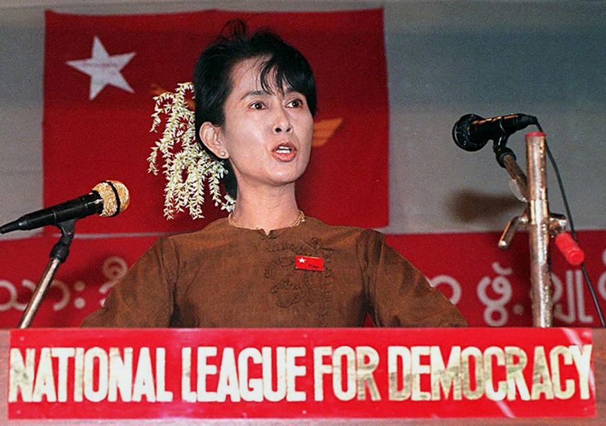 Suu Kyi addresses supporters in 1997, on the 49th anniversary of Myanmar's independence movement.