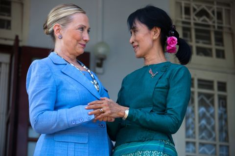 Suu Kyi meets US Secretary of State Hillary Clinton at Suu Kyi's residence in Yangon in 2011.