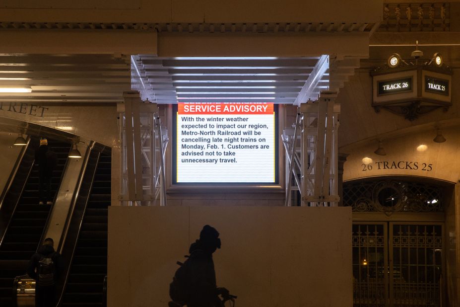 A weather advisory is seen at New York's Grand Central Terminal on Monday.