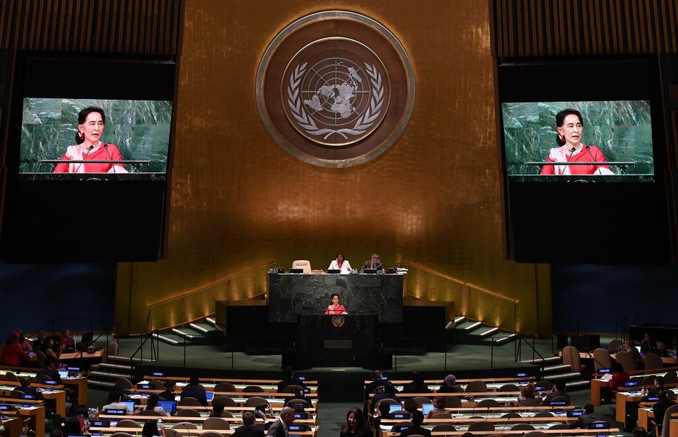 Suu Kyi addresses the United Nations General Assembly in New York in 2016.