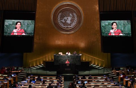 Suu Kyi addresses the United Nations General Assembly in New York in 2016.