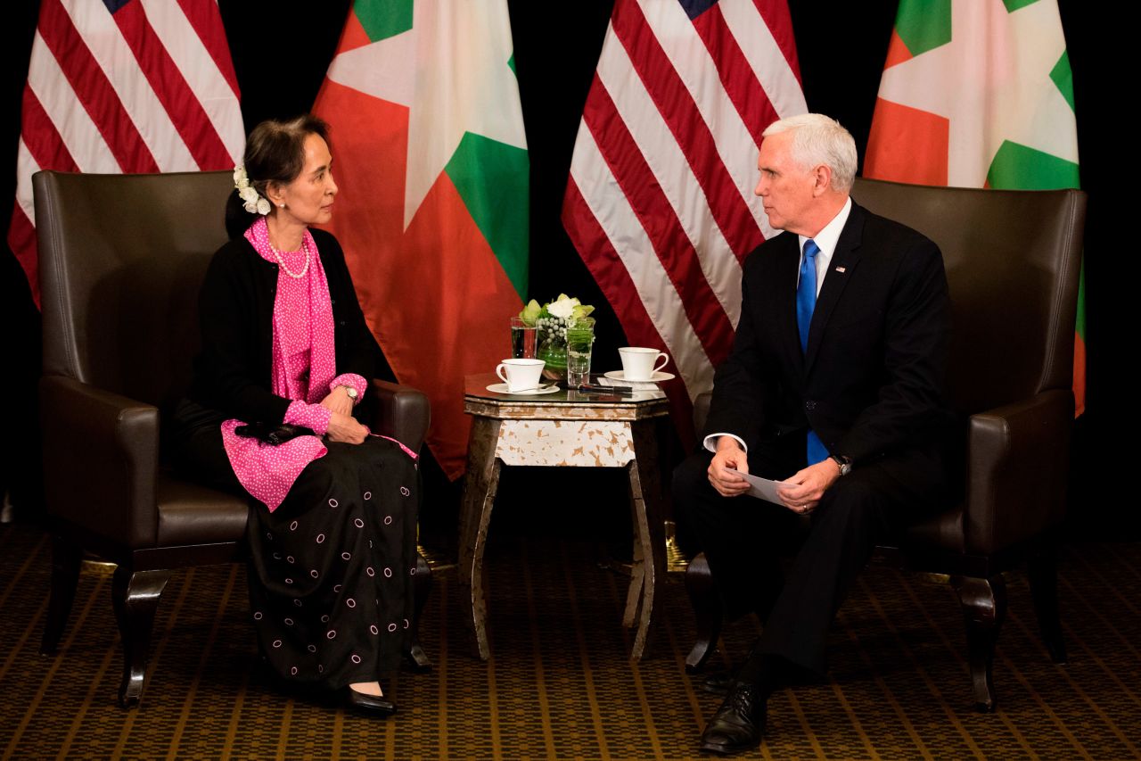 US Vice President Mike Pence meets with Suu Kyi on the sidelines of the ASEAN summit in Singapore in 2018.