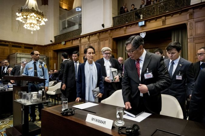 Suu Kyi stands before the UN's International Court of Justice in 2019. The nation of Gambia filed a lawsuit in the world court <a href="index.php?page=&url=https%3A%2F%2Fwww.cnn.com%2F2019%2F12%2F13%2Fasia%2Frohingya-suu-kyi-myanmar-hague-intl-hnk%2Findex.html" target="_blank">alleging that Myanmar committed "genocidal acts"</a> against Myanmar's Rohingya Muslims. Suu Kyi has repeatedly denied such charges, siding with the military and labeling the accusations as "misinformation."