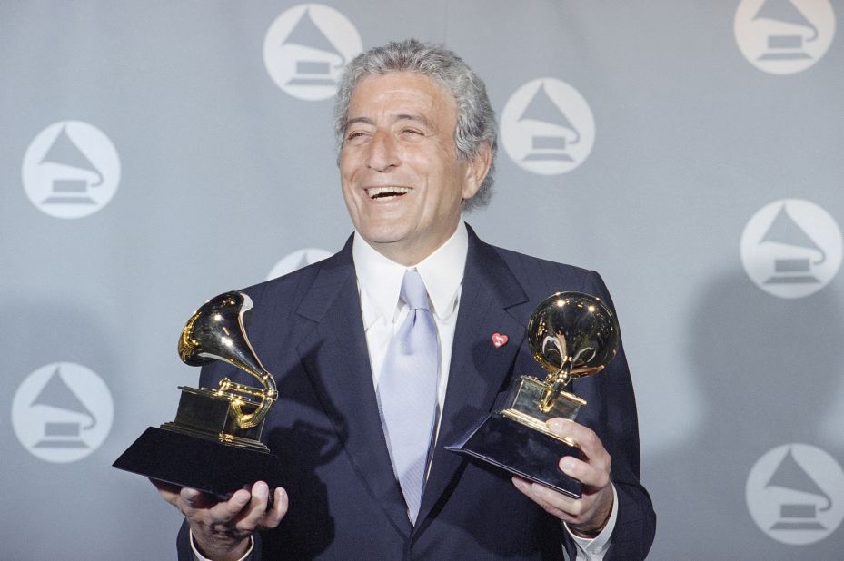 Bennett displays two Grammys he won in 1995. He won album of the year and best traditional pop vocal performance for "MTV Unplugged."