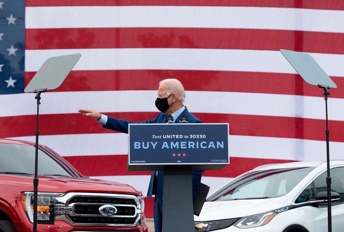Joe Biden waves after speaking at United Auto Workers Union Headquarters in Warren, Michigan, on September 9, 2020. 