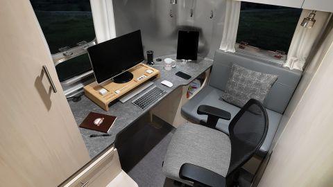 The Flying Cloud's tiny office converts into sleeping space at night, if needed.